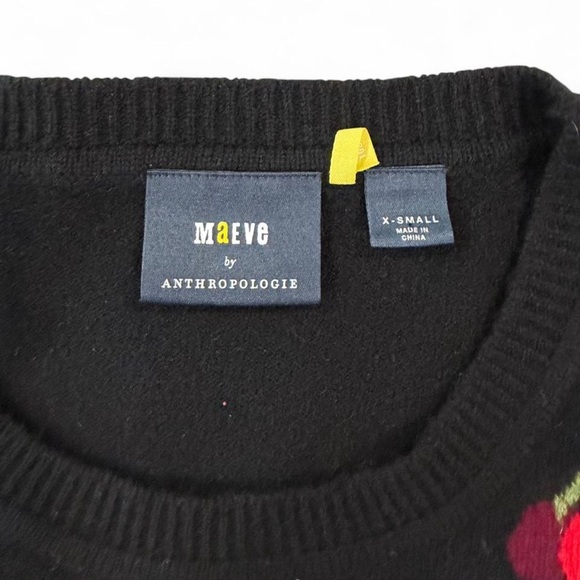 Anthropologie Maeve Puff-Sleeve Cashmere Jumper XS Black with Cherry Print - Picture 7 of 11